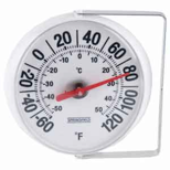 Sobno-zunanji termometer z veliko, kontrastno številčnico.